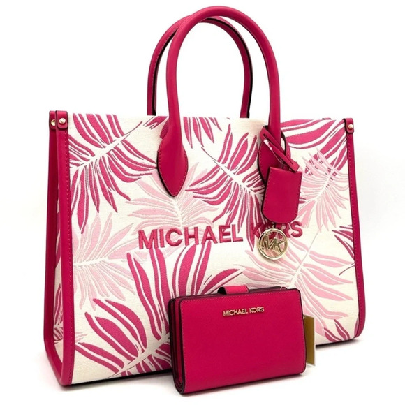 Michael Kors Medium Mirella Tote Bag & Medium Bifold Zip Chain Wallet Pink Multi - Picture 2 of 14